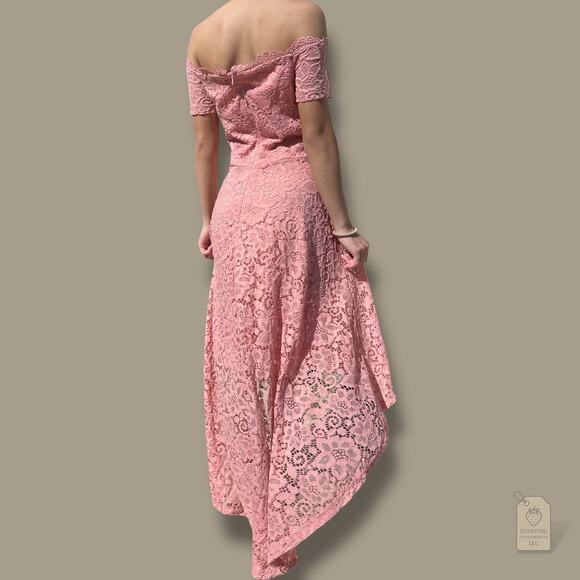Dressystar Blush Pink Lace Hi-Lo Dress XS Off Shoulder Cocktail Wedding Guest - Picture 4 of 6
